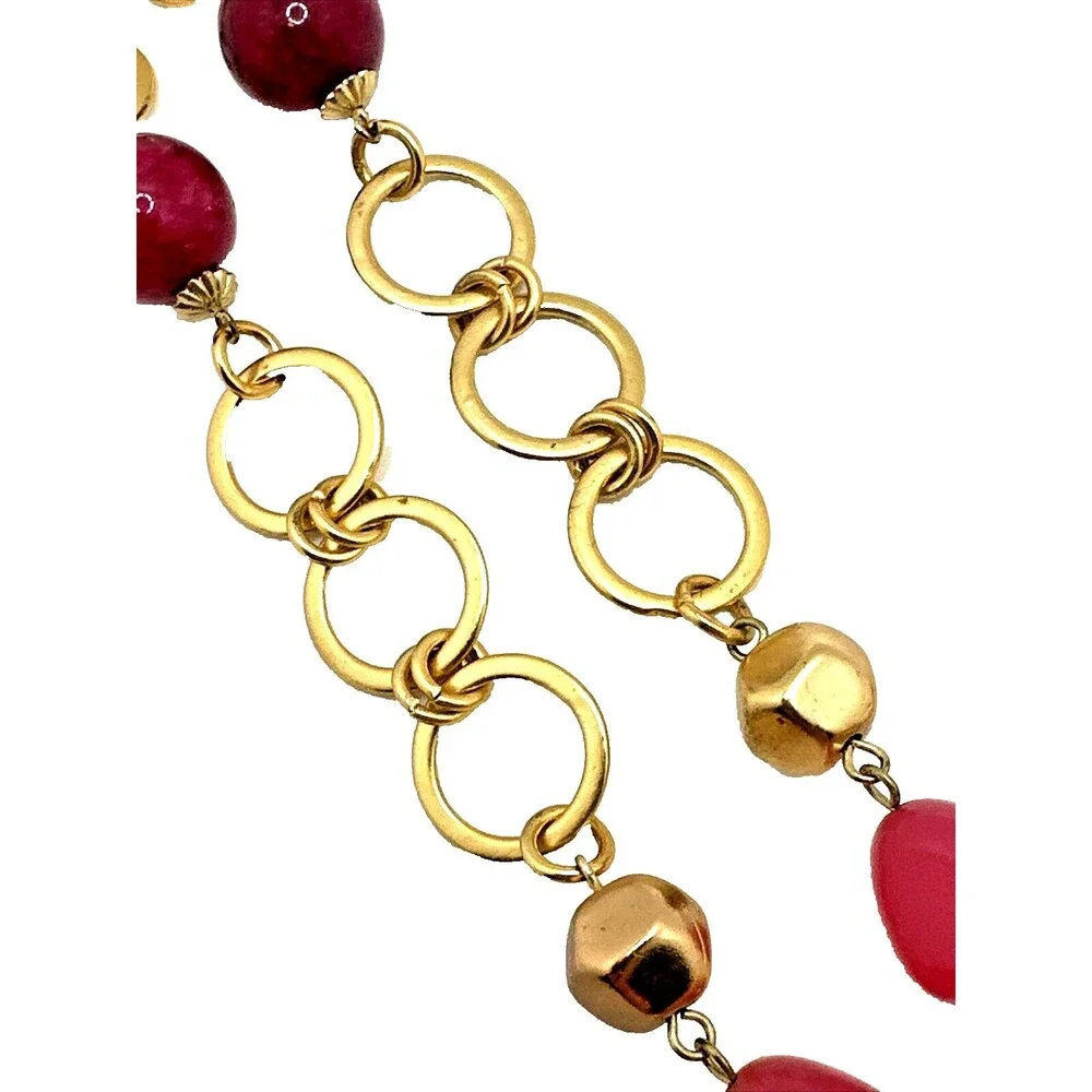 Vintage TALBOTS Station Necklace Pink Stone Glass Bead Gold Tone Link 25
